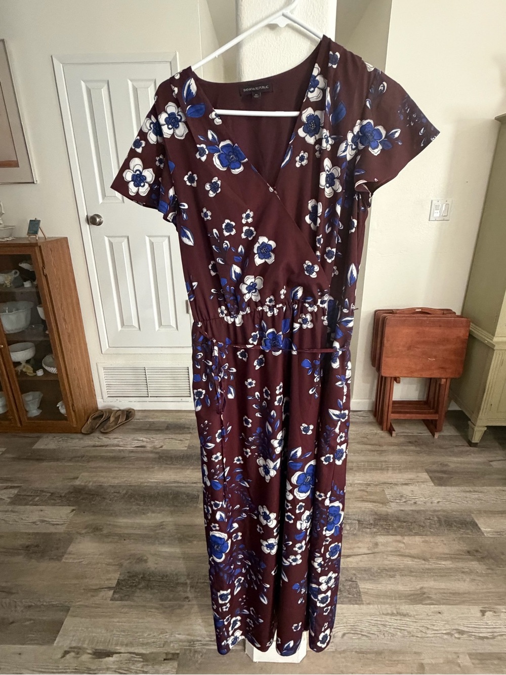 Banana Republic Burgundy Floral Wrap Maxi Dress with Blue & White Blossoms